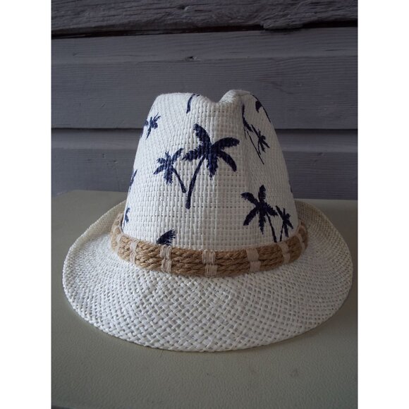 Fedora Palm Tree Print White Straw Hat NEW - Picture 1 of 7